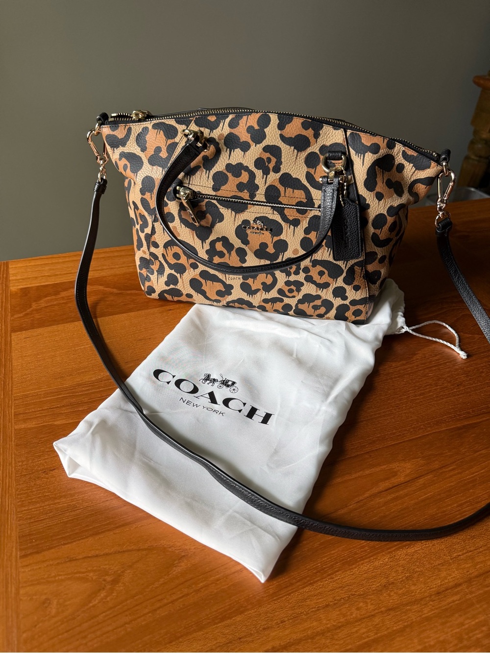 Coach Leopard Print Leather Crossbody Satchel - Tan & Black